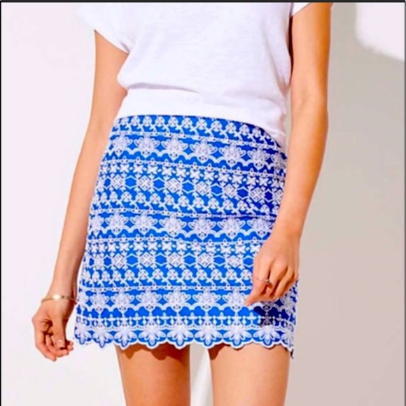 NWOT LOFT Scalloped Hemline Blue and White Embroidered Skirt - Picture 1 of 8